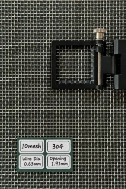 10 mesh SS304 wire mesh reference, 0.63 mm wire and 1.91 mm labeled opening
