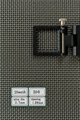 10 mesh SS304 wire mesh reference, 0.7 mm wire and 1.84 mm labeled opening