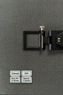 20 mesh SS304 wire mesh reference, 0.45 mm wire and 0.82 mm labeled opening