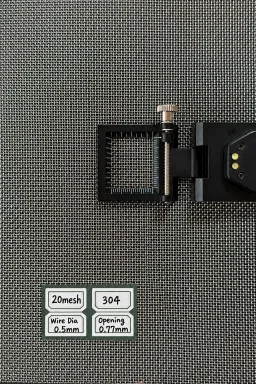 20 mesh SS304 wire mesh reference, 0.5 mm wire and 0.77 mm labeled opening