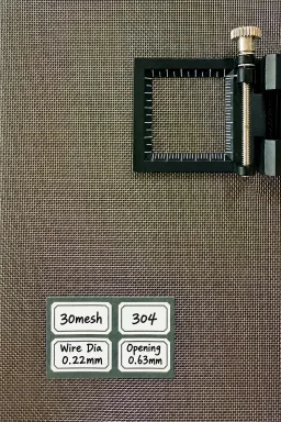 30 mesh SS304 wire mesh reference, 0.22 mm wire and 0.63 mm labeled opening