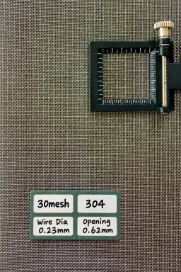 30 mesh SS304 wire mesh reference, 0.23 mm wire and 0.62 mm labeled opening