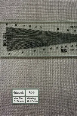 40 mesh SS304 wire mesh reference, 0.22 mm wire and 0.415 mm labeled opening