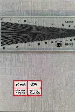 60 mesh SS304 wire mesh reference, 0.19 mm wire and 0.23 mm labeled opening