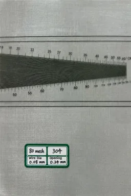 80 mesh SS304 wire mesh reference, 0.08 mm wire and 0.24 mm labeled opening