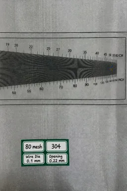 80 mesh SS304 wire mesh reference, 0.1 mm wire and 0.22 mm labeled opening