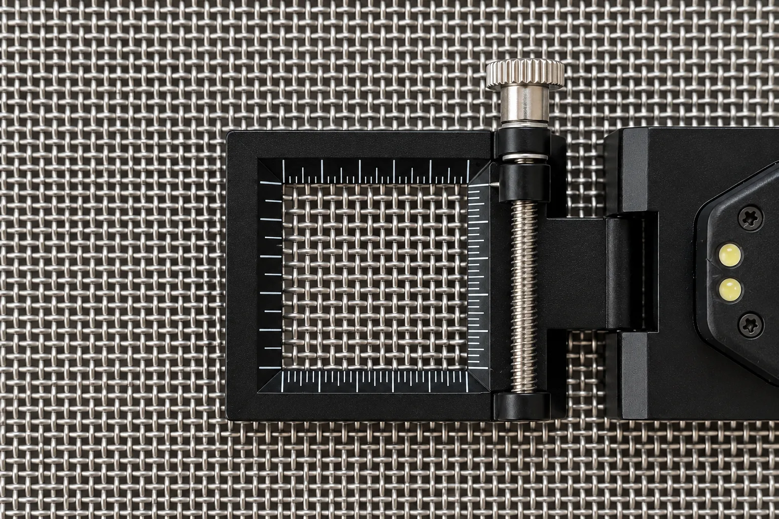 Mesh counting magnifier resting on woven stainless steel wire mesh
