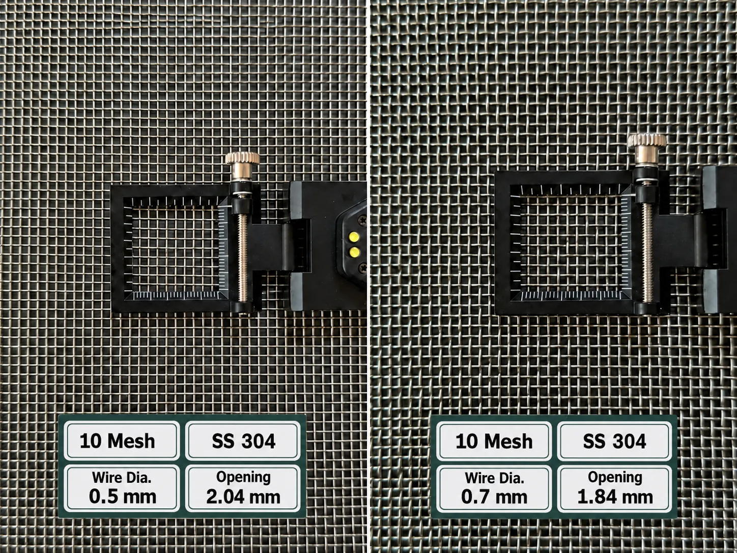 Two 10 mesh SS304 wire mesh samples: 0.50 mm wire with 2.04 mm opening and 0.70 mm wire with 1.84 mm opening