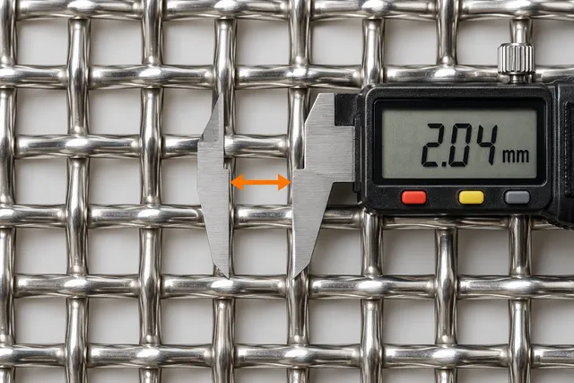 Digital caliper measuring the clear wire mesh opening at 2.04 mm