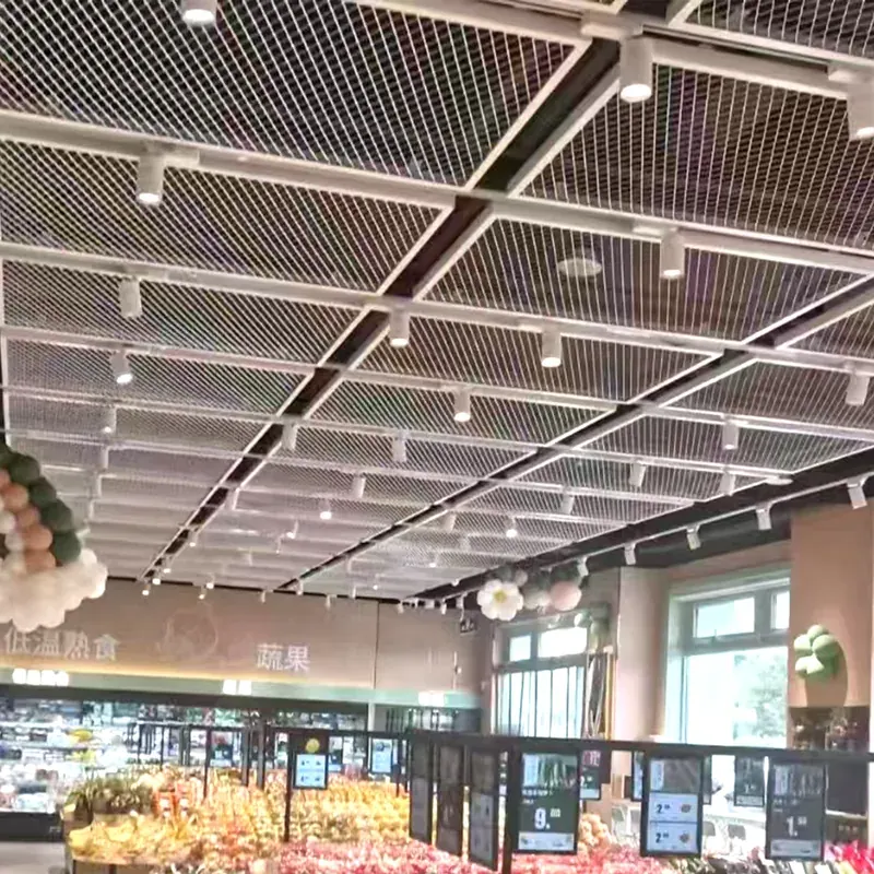 Aluminum expanded metal suspended ceiling for interior commercial spaces