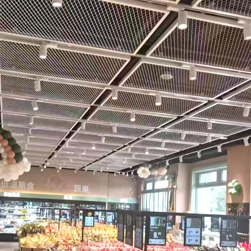 Aluminum expanded metal suspended ceiling for interior commercial spaces