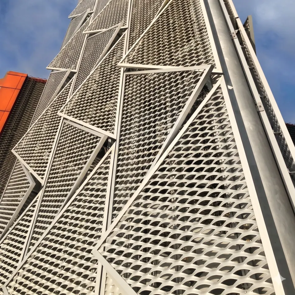 Architectural expanded metal exterior facade panels with white frames