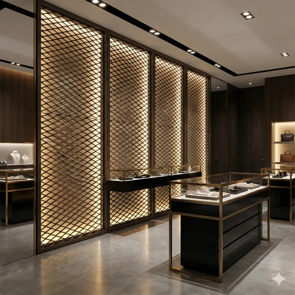 Decorative expanded metal mesh screen in a retail interior