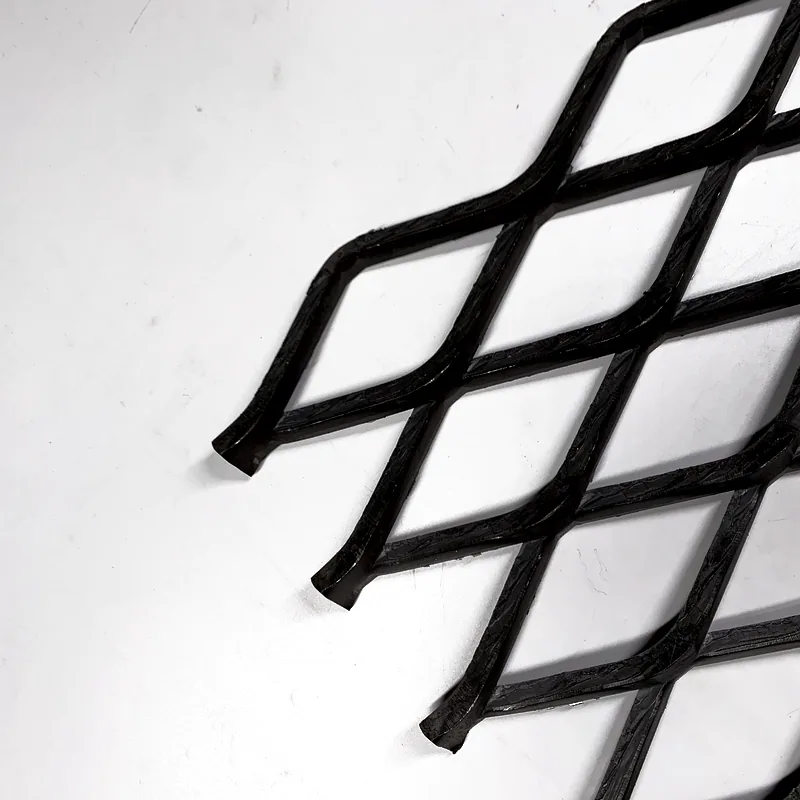 Black carbon steel raised expanded metal close-up with large diamond openings