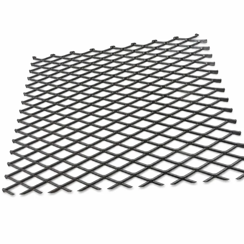 Black carbon steel raised expanded metal sheet on white background