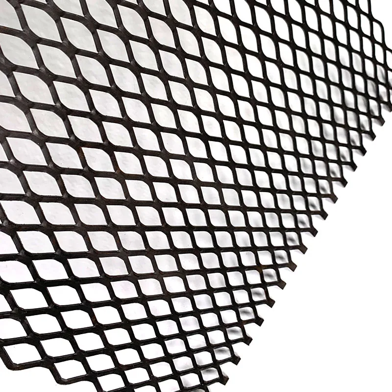 Black flattened expanded metal sheet with smooth diamond openings