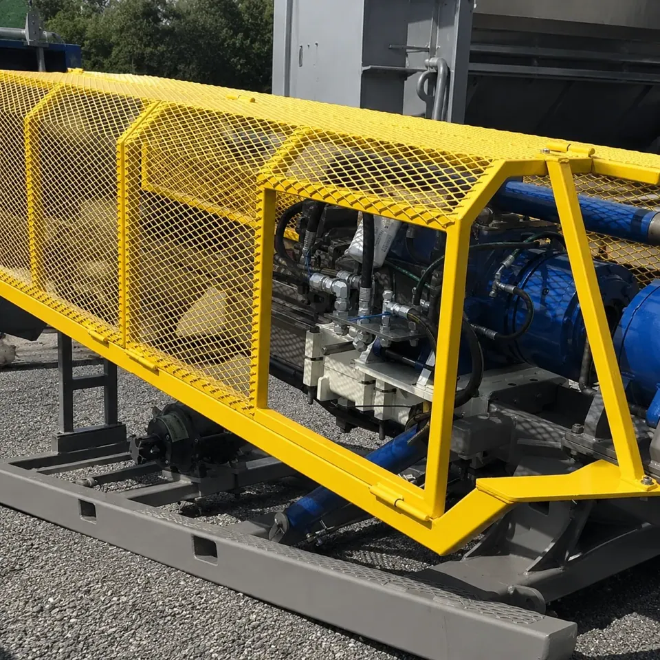Custom yellow expanded metal machine guard around hydraulic equipment