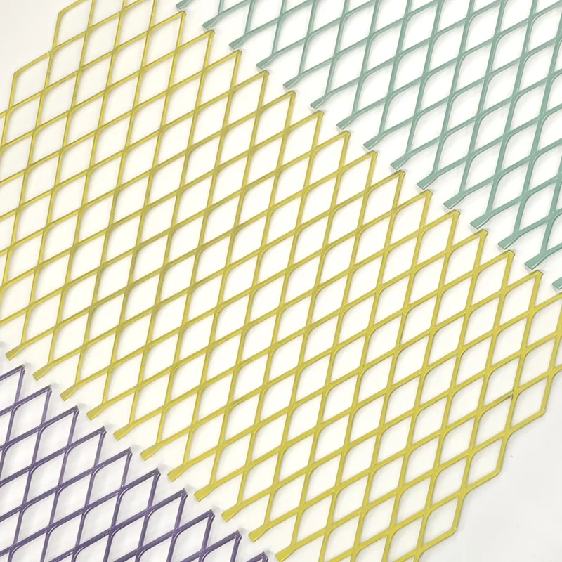 Custom RAL color powder coated expanded metal mesh in yellow, green and purple