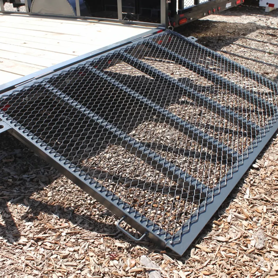 Black expanded metal loading ramp panel close-up