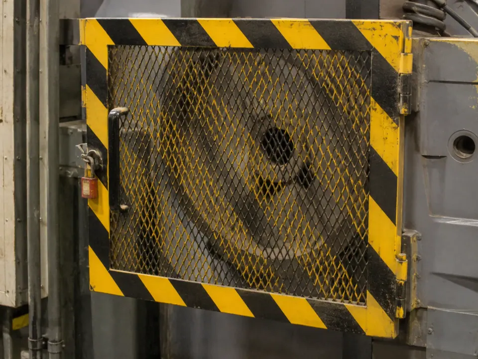 Expanded metal machine guard door with black and yellow safety frame