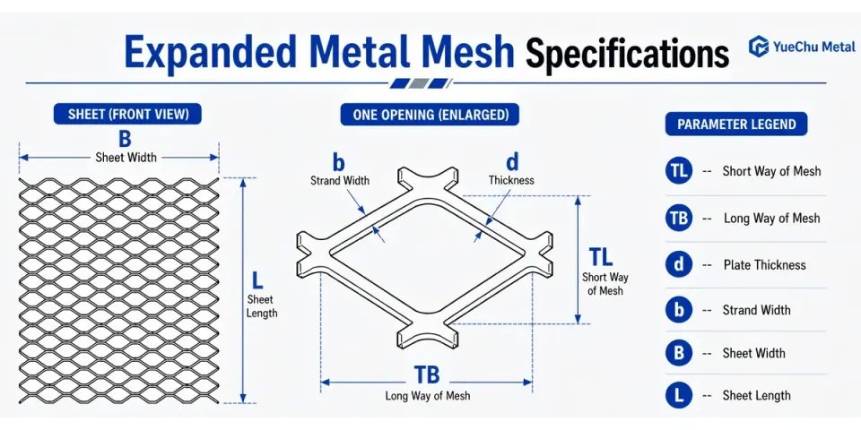 Expanded metal grating specifications diagram showing SWD LWD strand width thickness panel width and length