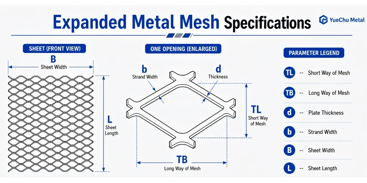 Expanded metal mesh specifications diagram showing TL short way, TB long way, plate thickness, strand width, sheet width, and sheet length