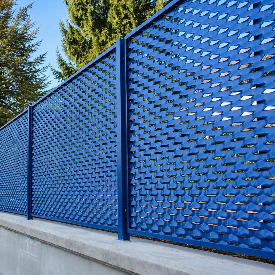 Blue powder-coated expanded metal security fence panels