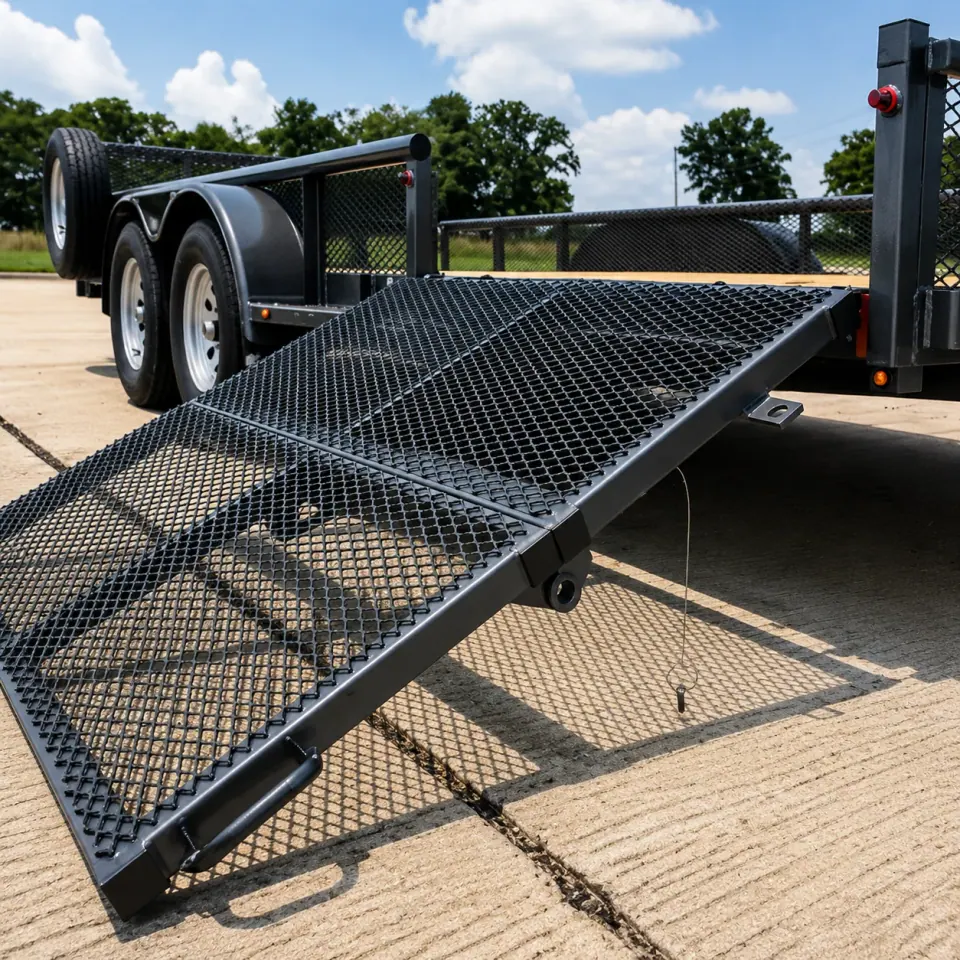 Black expanded metal loading ramp on a utility trailer