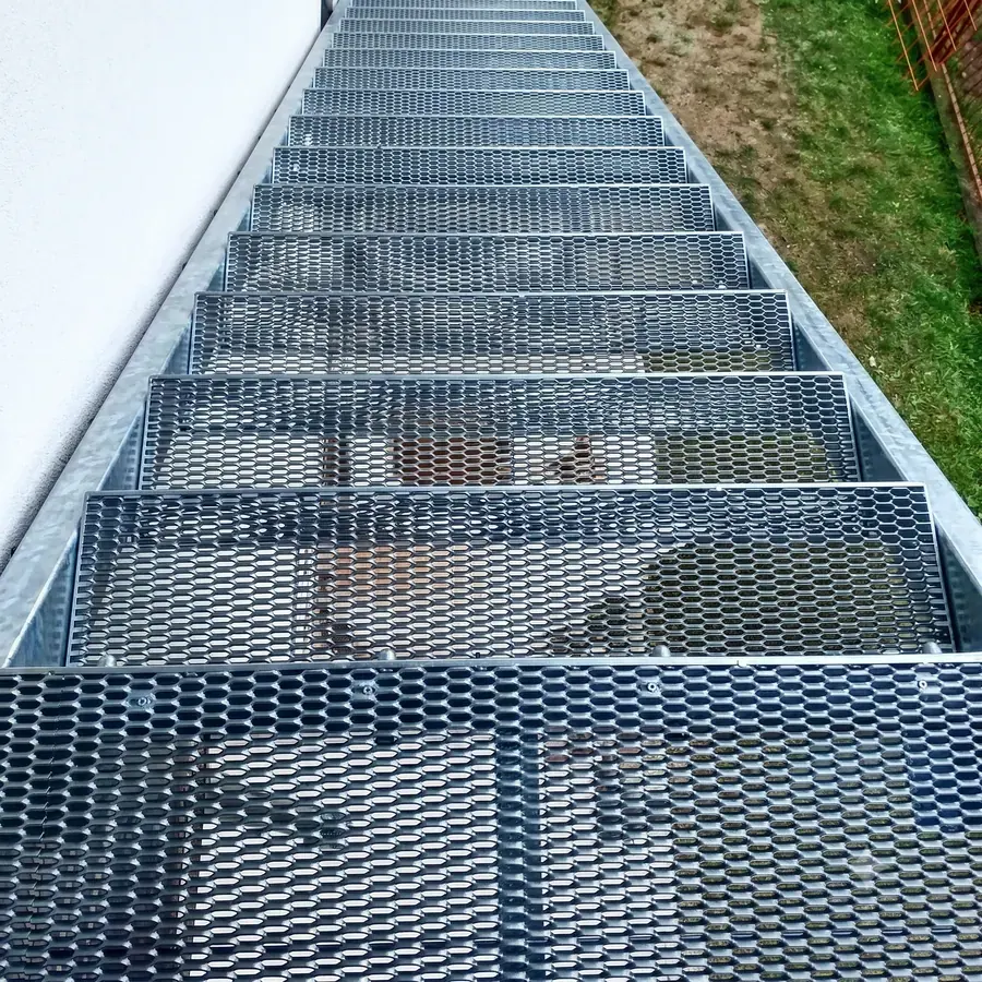 Galvanized expanded metal stair run for outdoor access