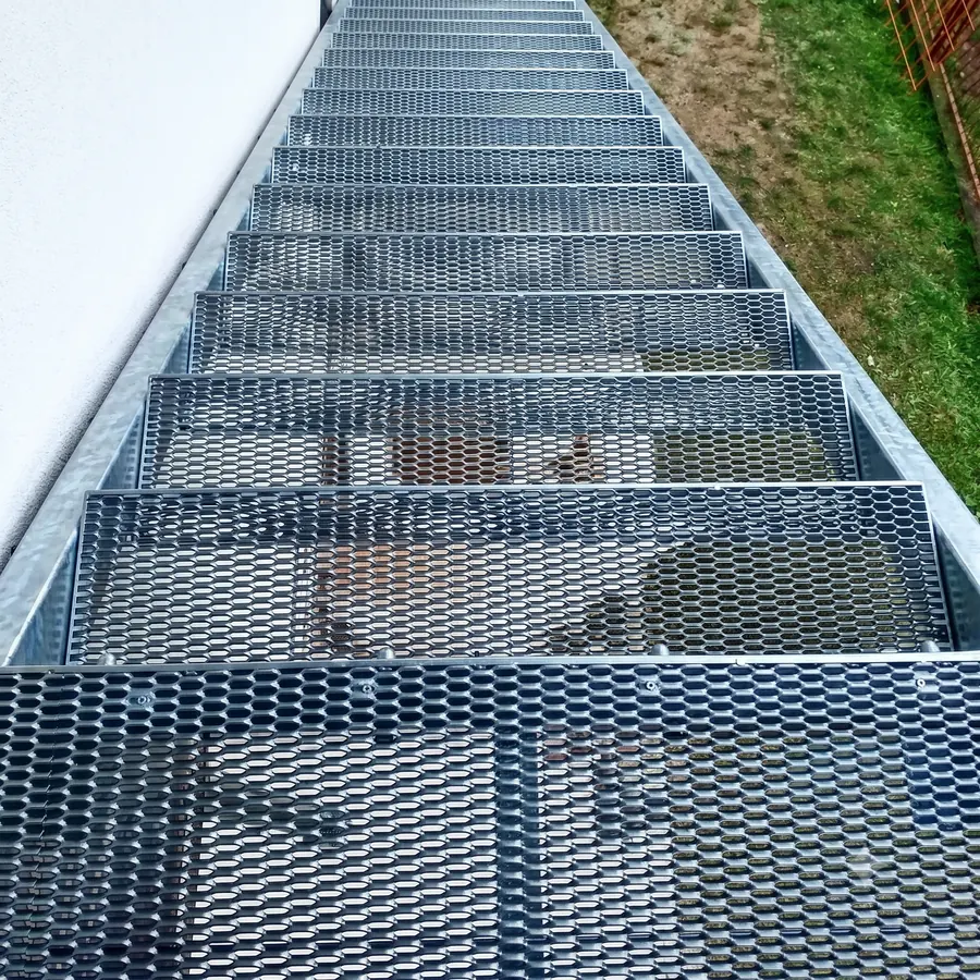 Galvanized expanded metal stair run for outdoor access