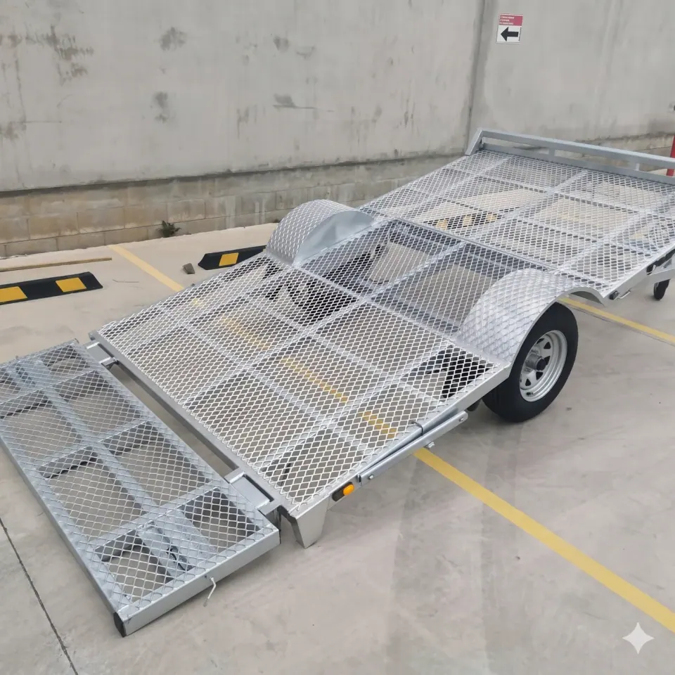 Galvanized expanded metal floor and ramp on a utility trailer