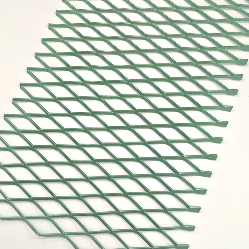 Green powder coated expanded metal mesh with raised diamond openings
