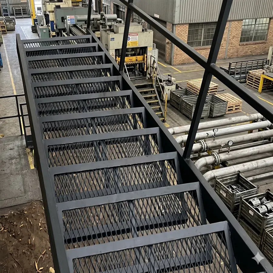 Industrial stair with expanded metal tread panels in a workshop