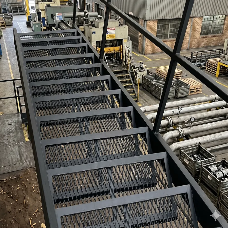 Industrial stair with expanded metal tread panels in a workshop