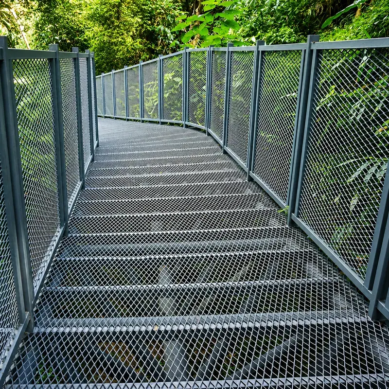 Outdoor expanded metal walkway with framed mesh railings