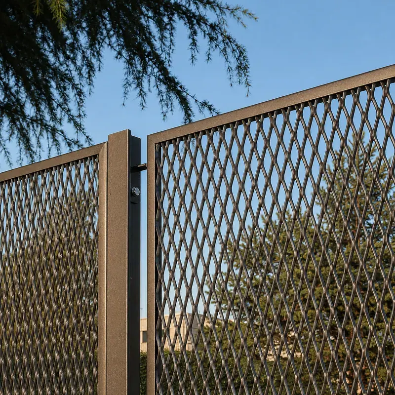 Brown powder-coated expanded metal fence gate