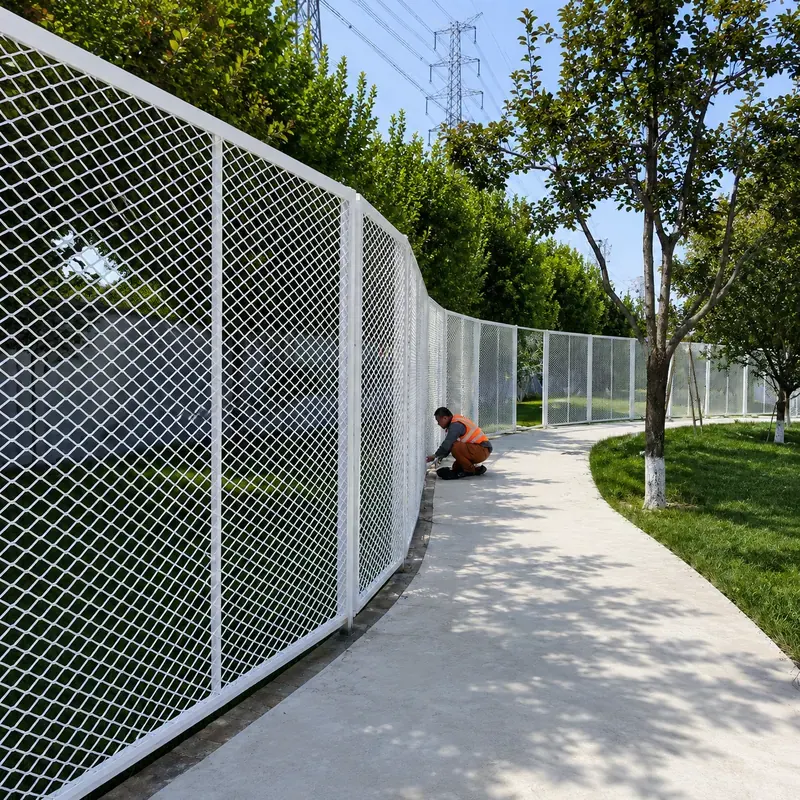 White expanded metal mesh fence along a landscaped path