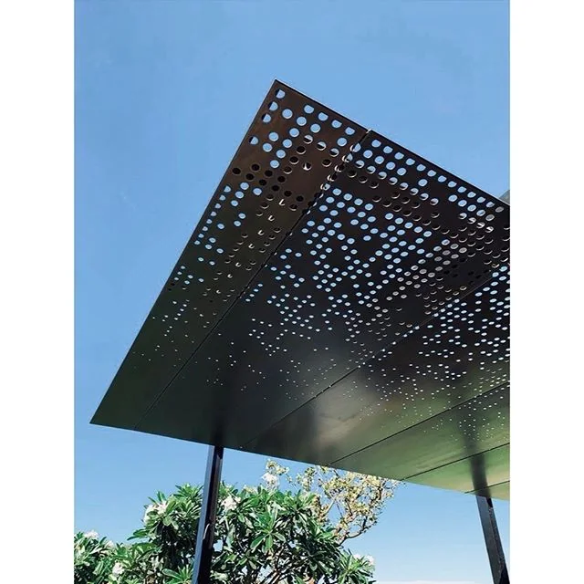 Black perforated metal canopy ceiling panels installed outdoors