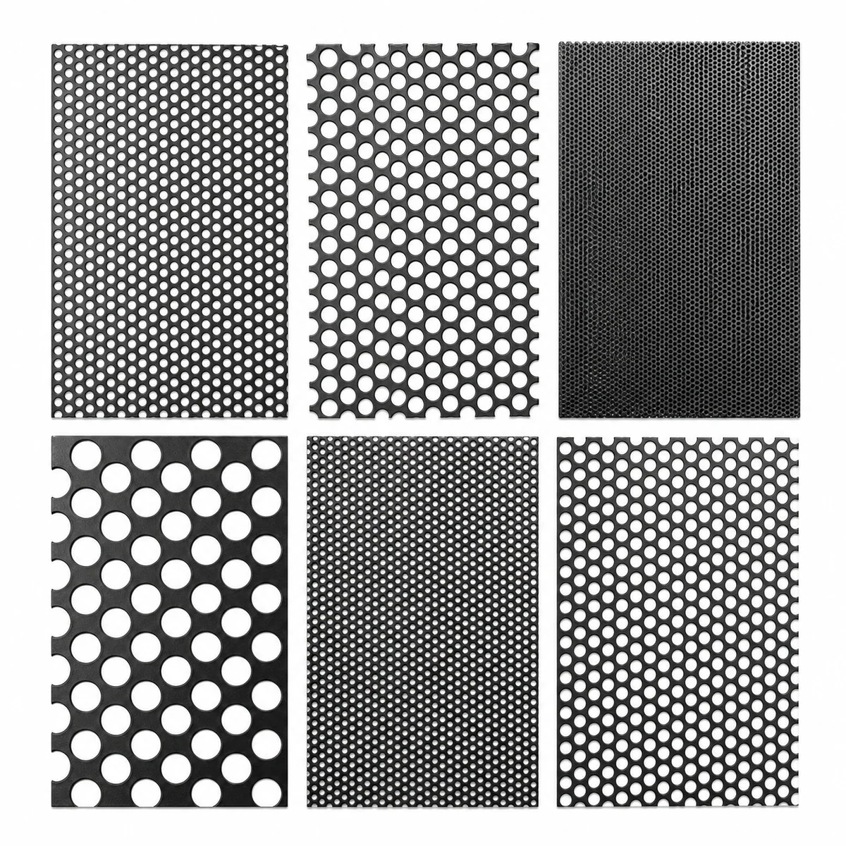 Carbon steel perforated sheet samples showing multiple round hole sizes