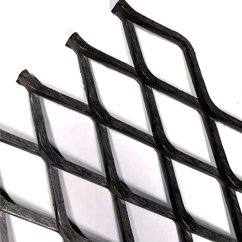 Close-up of black expanded metal mesh diamond openings