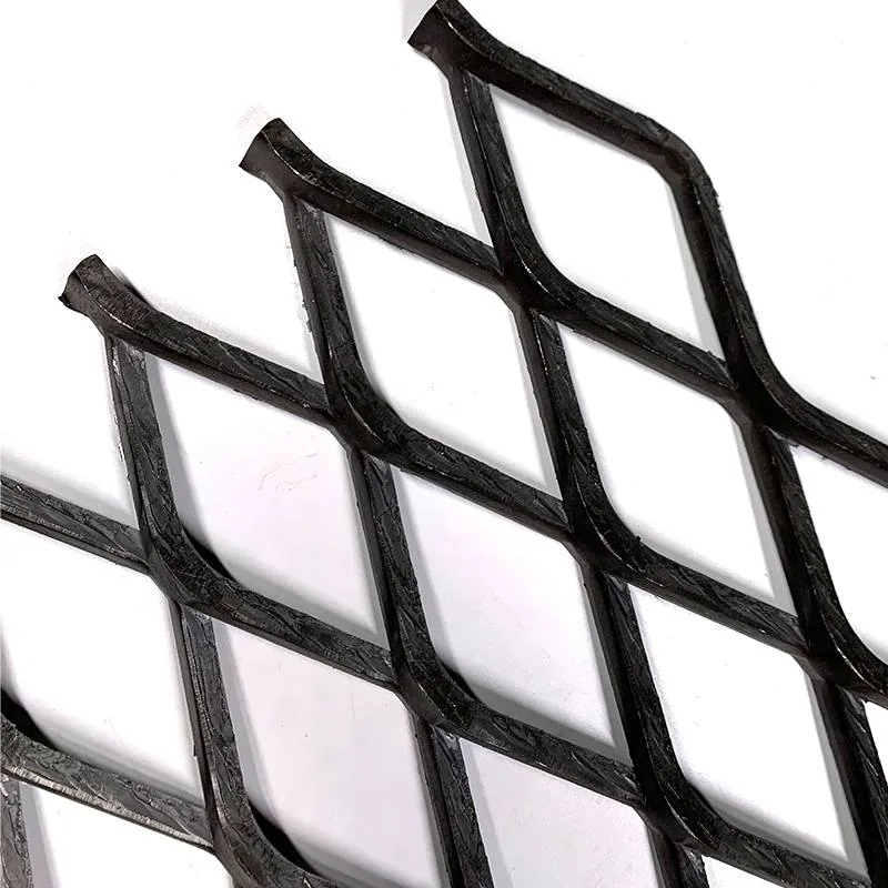 Close-up of black expanded metal mesh diamond openings