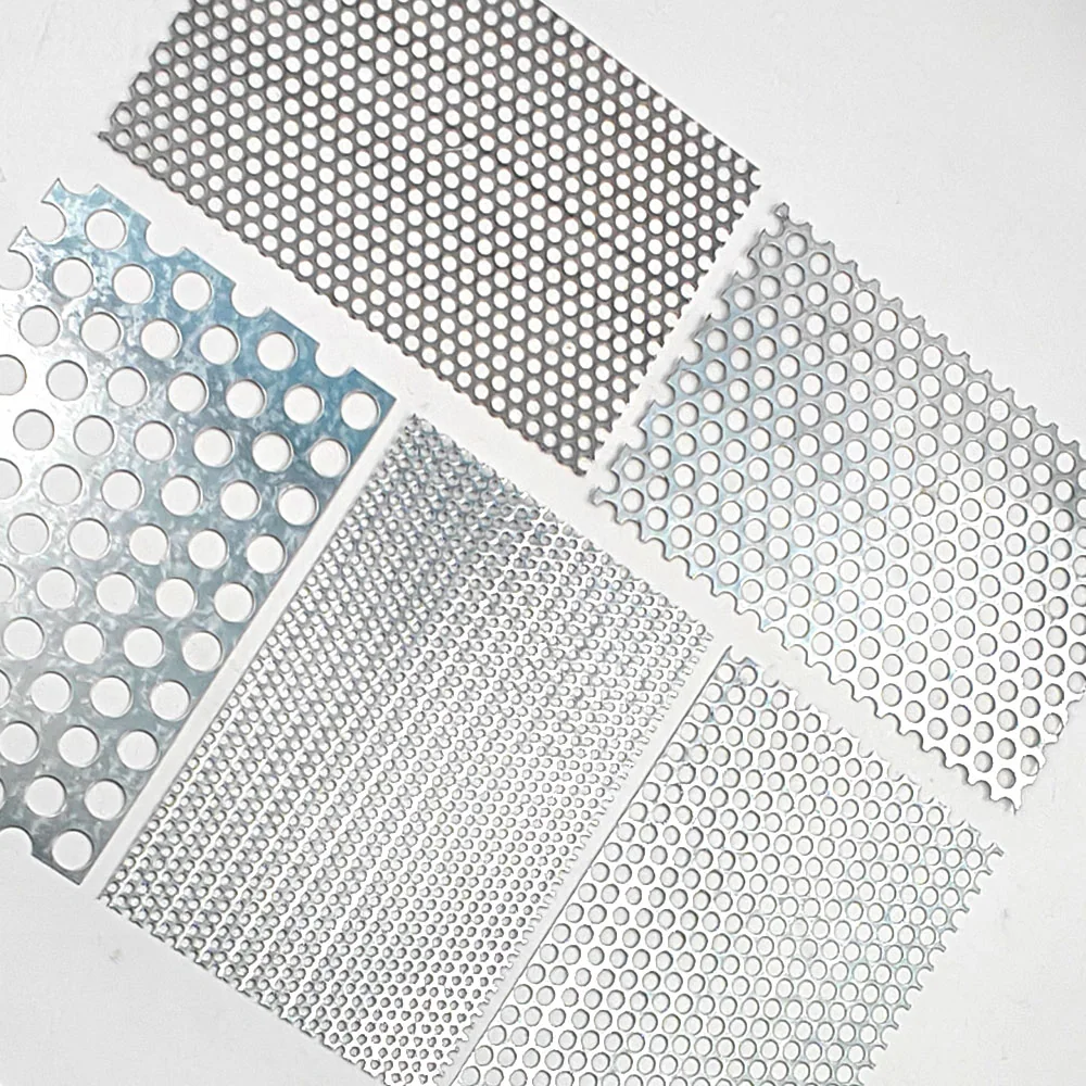Galvanized steel perforated sheet samples showing different hole sizes