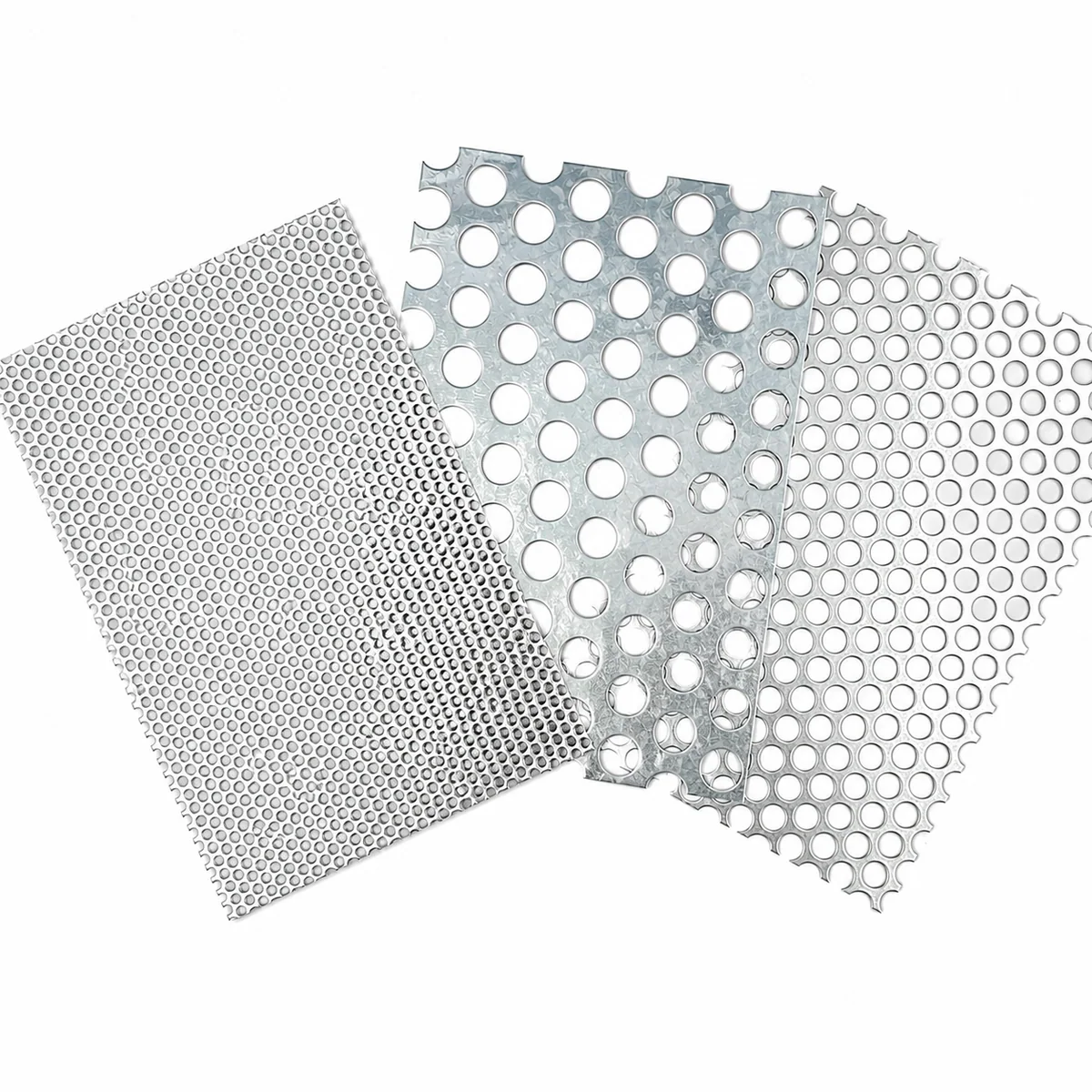 Galvanized steel perforated sheet samples with mixed round hole sizes