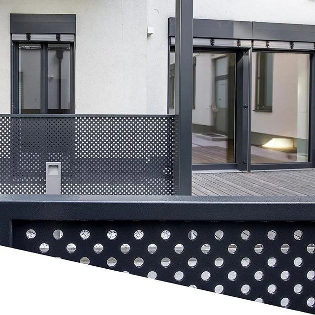 Black perforated metal balcony privacy screen panels