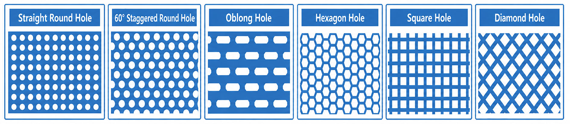 Perforated metal hole patterns including straight round, 60 degree staggered round, oblong, hexagon, square and diamond holes