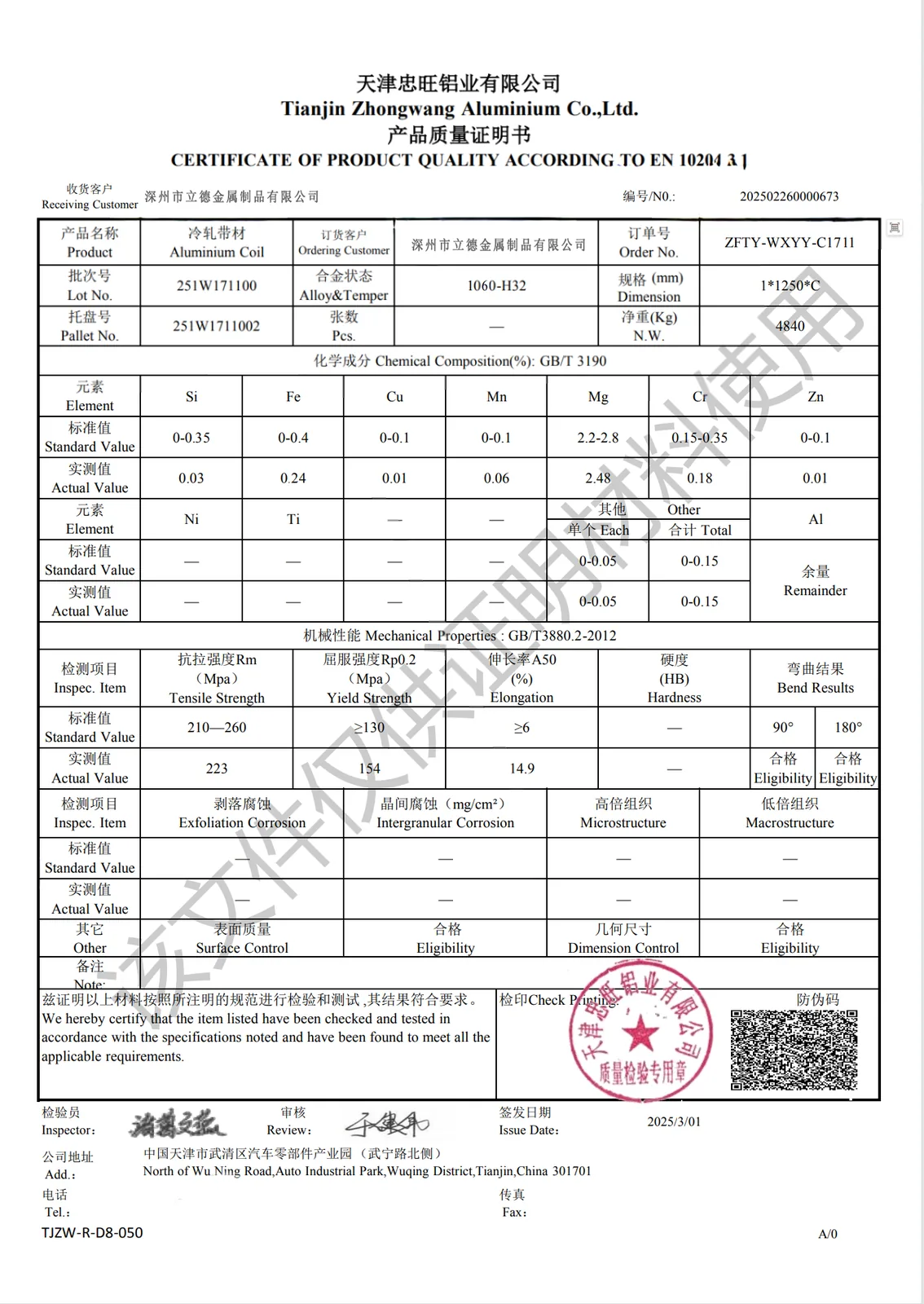 Aluminum 1060-H32 material certificate with chemical composition and mechanical properties