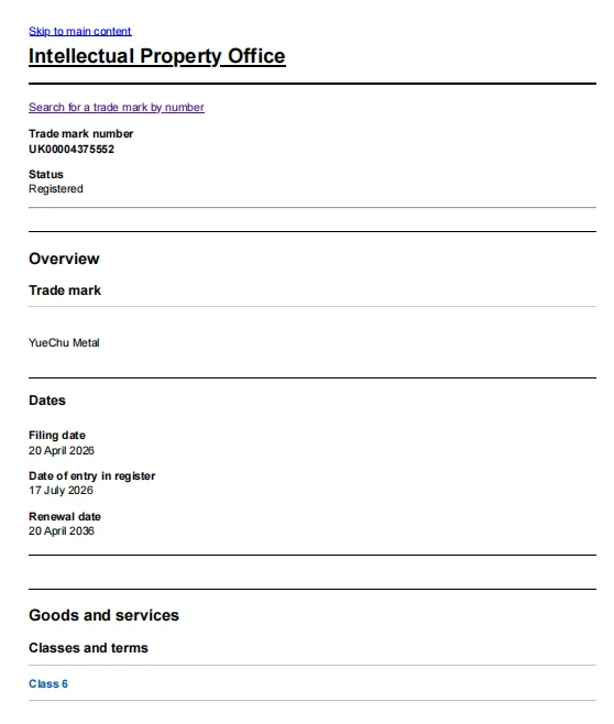 UK Intellectual Property Office record for YueChu Metal trademark UK00004375552