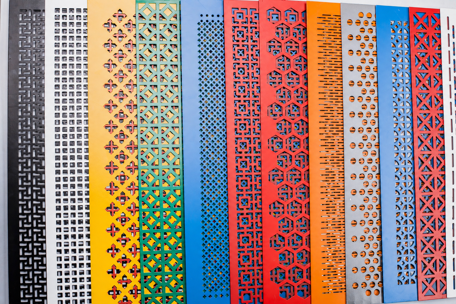 Decorative aluminium perforated metal panels in custom colours and geometric hole patterns