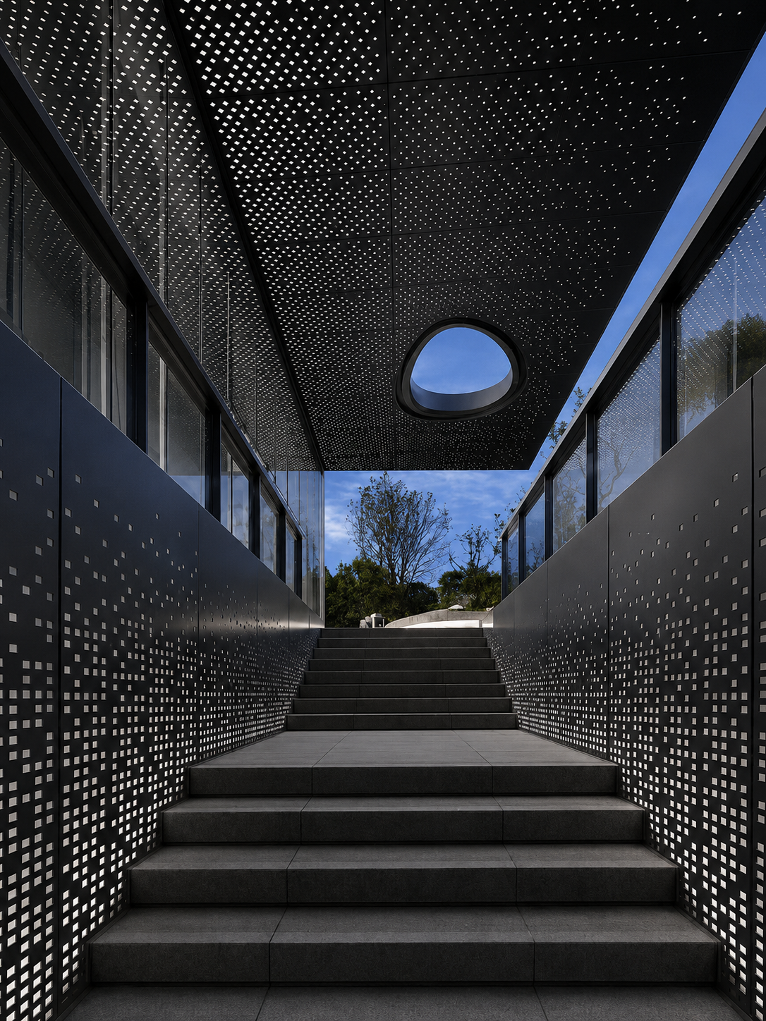 Black perforated metal ceiling and wall panels for architectural walkways