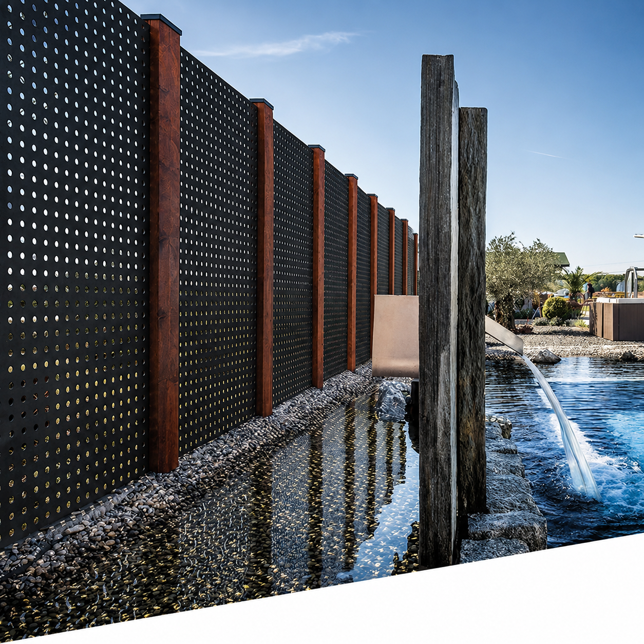 Black perforated metal fence panels used as landscape screening